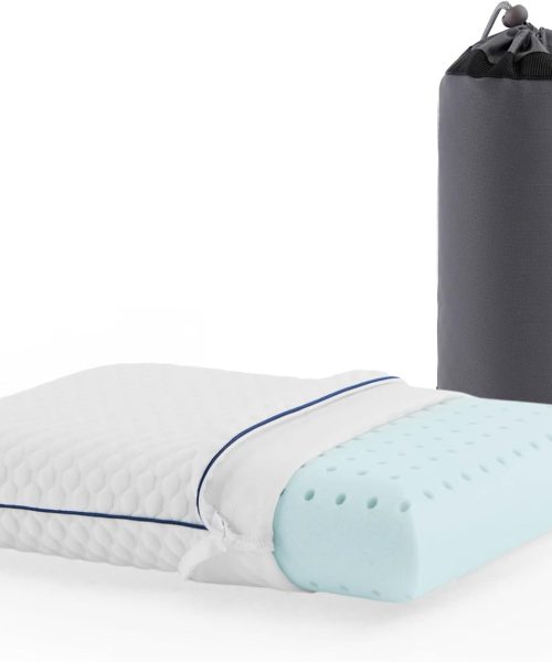 Gel Memory Foam Camping Pillow - Travel Essentials & Must Haves - Camping Gear & Accessories - Contouring Neck Support - Small Size Compatible for Camping, Car, Airplane, and Beach - 1 Pack