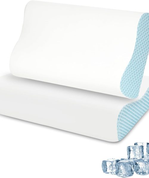 2 Pack Memory Foam Cooling Bed Pillows for Sleeping, Ergonomic Cervical Pillow for Neck and Shoulder Pain Relief, Adjustable Cold Pillow Set of 2,with Pillowcase（Blue）
