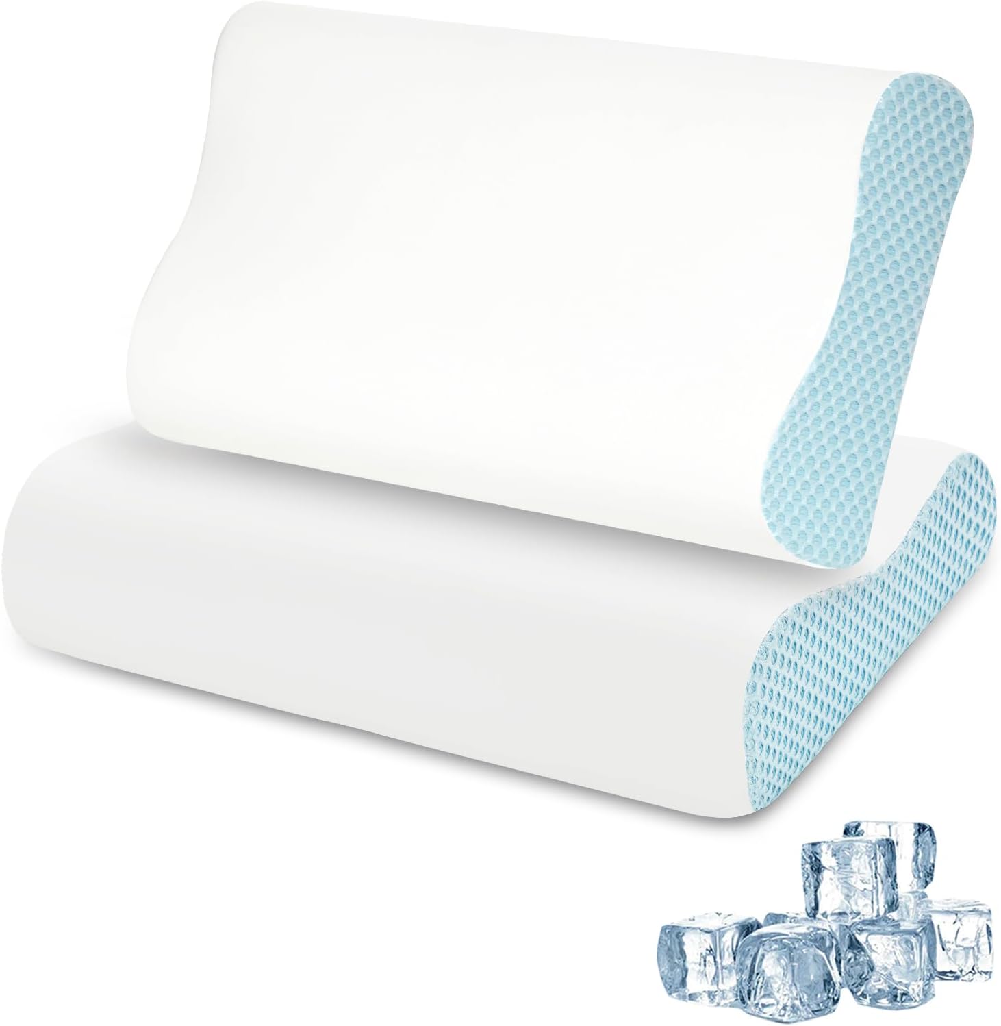 2 Pack Memory Foam Cooling Bed Pillows for Sleeping, Ergonomic Cervical Pillow for Neck and Shoulder Pain Relief, Adjustable Cold Pillow Set of 2,with Pillowcase(Blue)