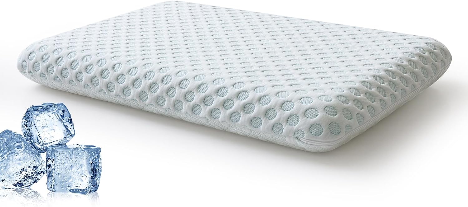 Ultra Thin Pillow 2.75" Stomach Sleeping, Cooling Flat Pillow for Side Back Stomach Sleepers, Gel Infused Memory Foam Pillow - - Standard