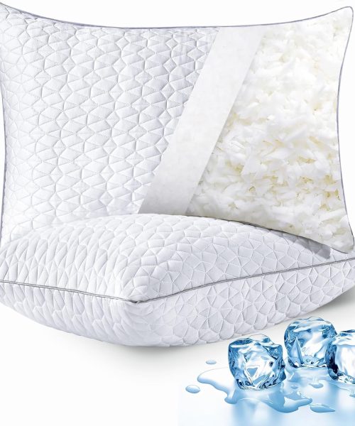 Cooling Pillows  Size Set of 2, Shredded Memory Foam Pillows, Adjustable Firm Bed Pillows Cool Cold Pillow for Hot Side Back Stomach Sleepers with Removable Washable Cover, 20" x 30", White