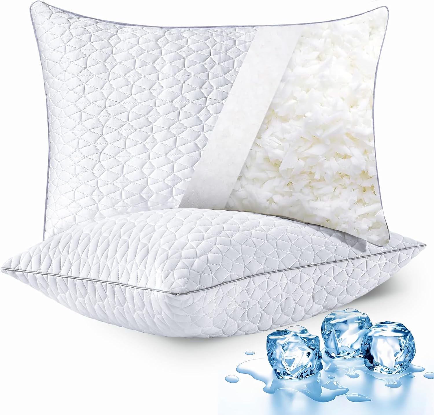 Cooling Pillows Size Set of 2, Shredded Memory Foam Pillows, Adjustable Firm Bed Pillows Cool Cold Pillow for Hot Side Back Stomach Sleepers with Removable Washable Cover, 20" x 30", White