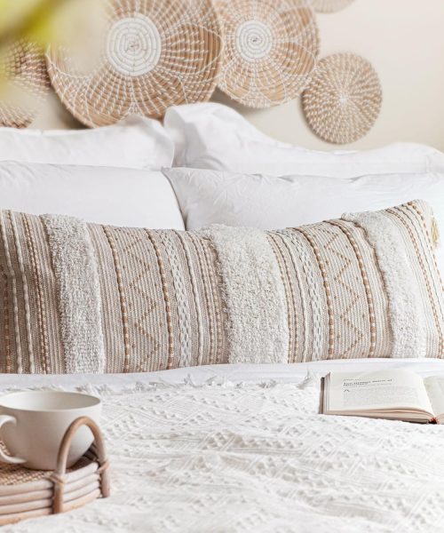 Cream Decorative Lumbar Throw Pillow Cover 14x36 Boho Long Cushion for Bed Neutral Accent Farmhouse Pillowcase for Bedroom Living Room Couch Sofa Home Décor (Cover ONLY, Pack of 1)